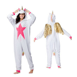 White Unicorn Pagesus Gold Wings Kigurumi Pajama Halloween Costume Size Medium